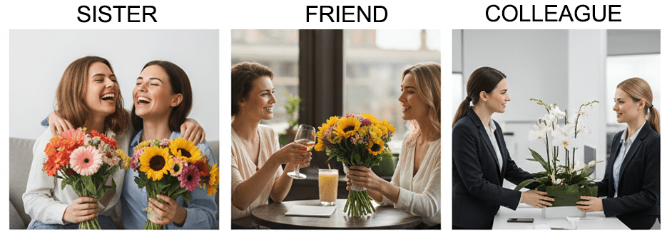 Different flower bouquets representing thoughtful choices for mother, wife, girlfriend, sister, and friends on Women’s Day