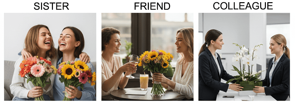 Different flower bouquets representing thoughtful choices for mother, wife, girlfriend, sister, and friends on Women’s Day