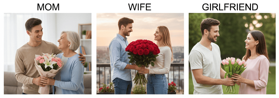 Different flower bouquets representing thoughtful choices for mother, wife, girlfriend, sister, and friends on Women’s Day
