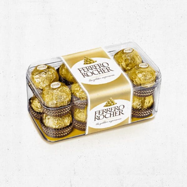 Created with GIMP A box of 16 golden Ferrero Rocher chocolate balls