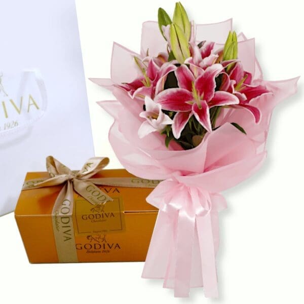 Pink Lilies with Godiva 001-min Pink Lilies with Godiva Chocolate