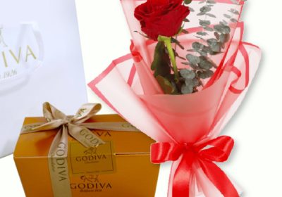 Single Rose in red wrap with Godiva chocolate delivery