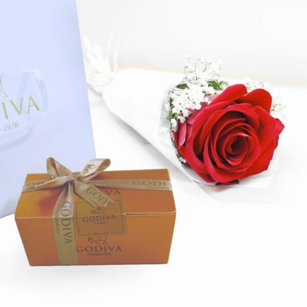 Single rose in white wrap with godiva 001-min Single Red Rose with Godiva