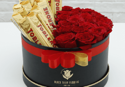 Box of Red Roses with Toblerone Chocolate Bouquet