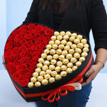 Heart Shaped Box Of Red Roses With Ferrero