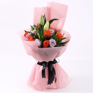 Bunch of Orange Rose & Purple Rose with Lily.
