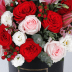 red roses Hypericum Berry pink lilies Eucalyptus eustoma wax flower black box 002
