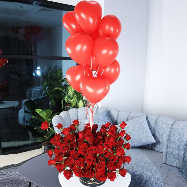 Stylish Red with Red Heart Balloons by Black Tulip Flowers