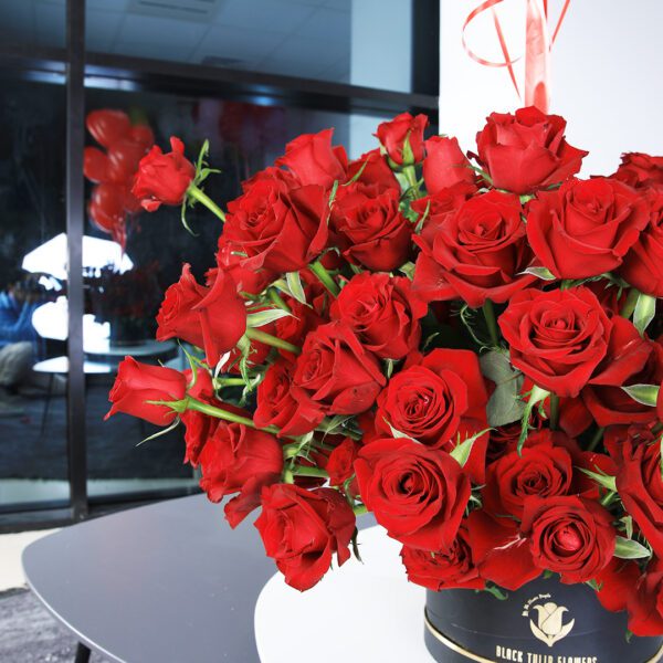 Stylish Red with Red Heart Balloons by Black Tulip Flowers