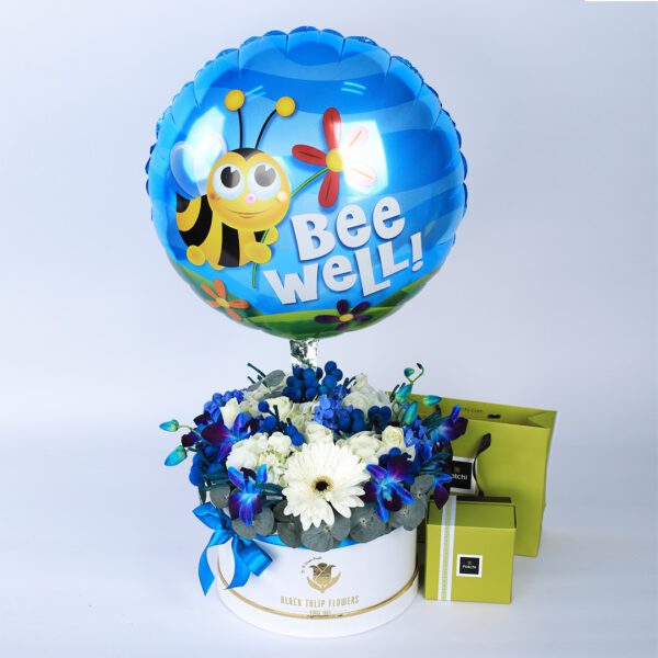Bee Well Flower with Patchi and Bee Well balloon in flower box by Black Tulip Flowers