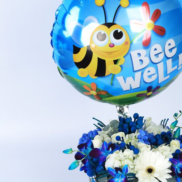Bee Well Soon flower box with Bee Well balloon by Black Tulip Flowers