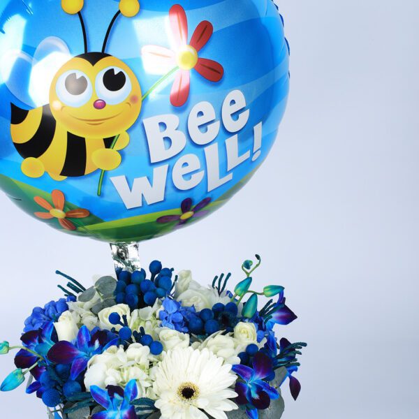 Bee Well Soon flower box with Bee Well balloon by Black Tulip Flowers