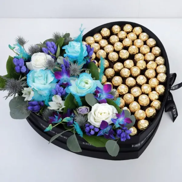 Chocolate Box with Blue Flowers by Black Tulip Flowers