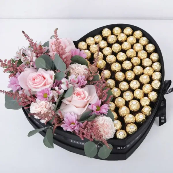 Chocolate Box with Pink Flowers by Black Tulip Flowers