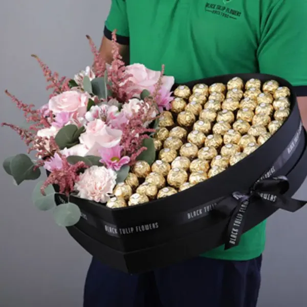 Chocolate Box with Pink Flowers by Black Tulip Flowers
