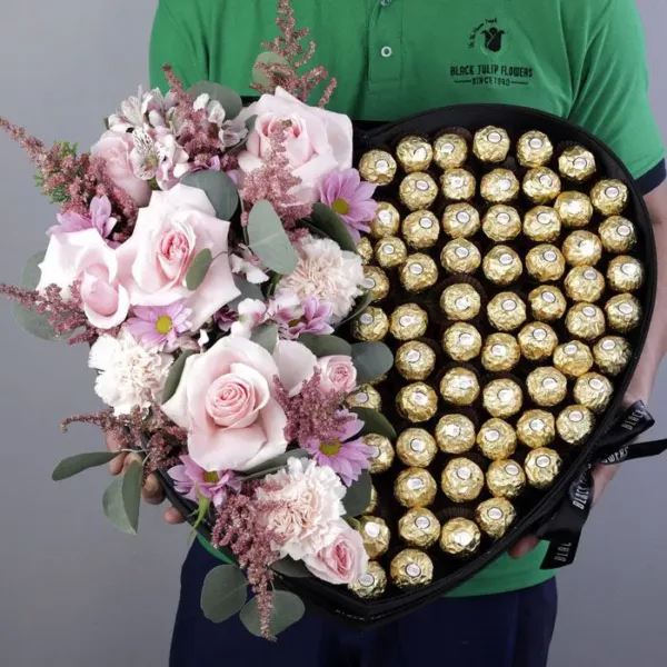 Chocolate Box with Pink Flowers by Black Tulip Flowers