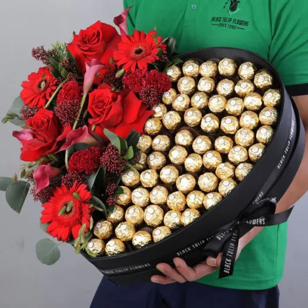 Chocolate Box with Red Flowers by Black Tulip Flowers