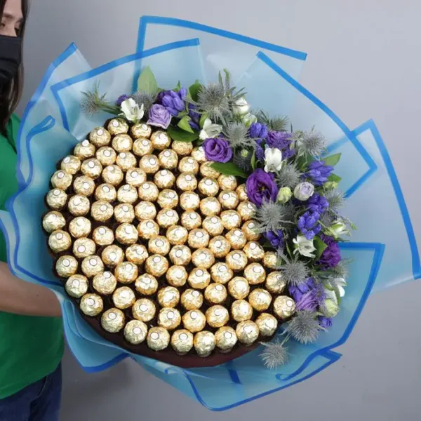 Ferrero Bouquet with Blue Flowers by Black Tulip Flowers