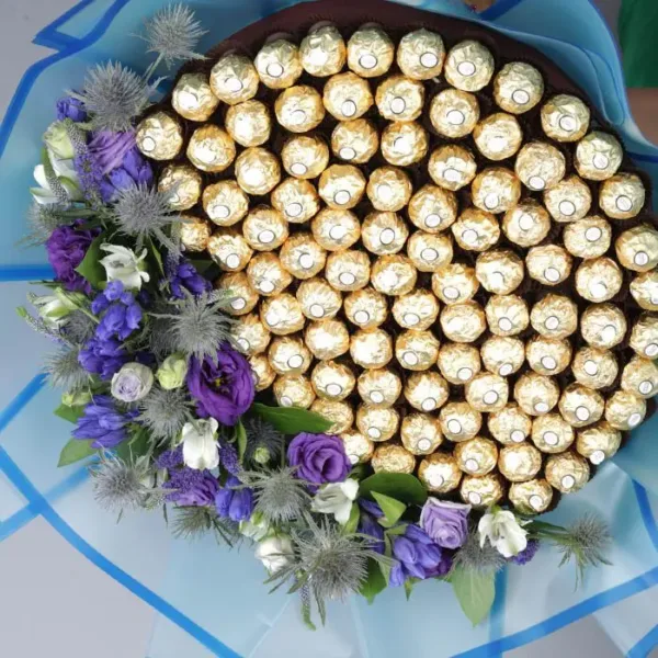 Ferrero Bouquet with Blue Flowers with blue wrap
