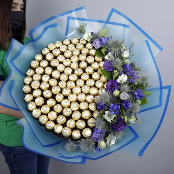 Ferrero Bouquet with Blue Flowers by Black Tulip Flowers