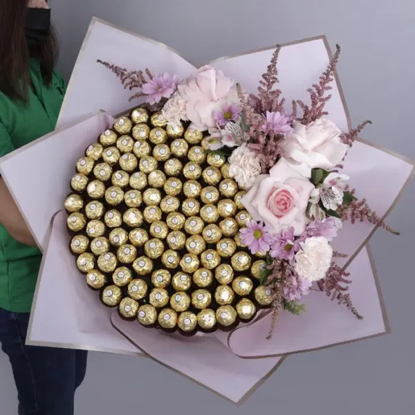 Ferrero Bouquet with Pink Flowers by Black Tulip Flowers