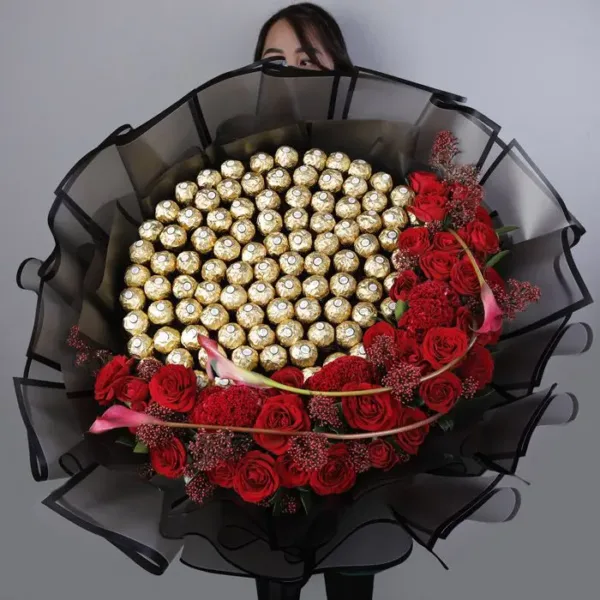 Ferrero Bouquet with Red Flowers by Black Tulip Flowers