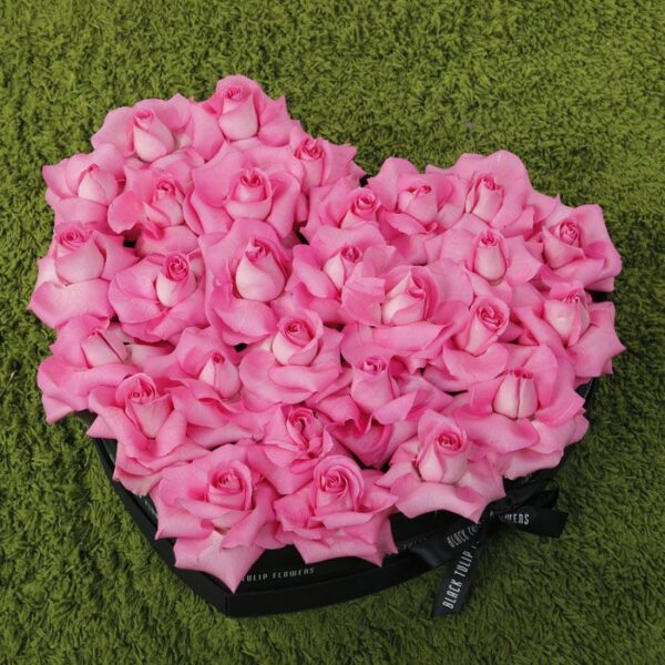 Perfect Pink Roses in Heart Shaped Box by Black Tulip Flowers