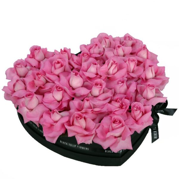 Perfect Pink Roses in Heart Shaped Box by Black Tulip Flowers