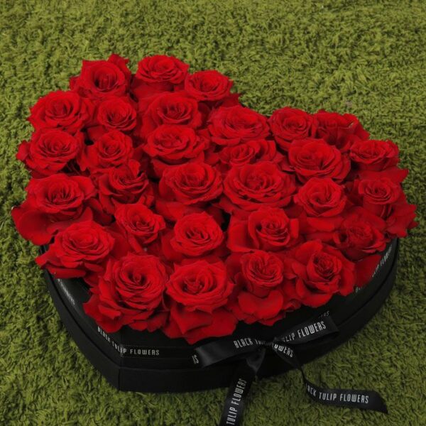 Perfect Red Roses in Heart Shaped Box by Black Tulip Flowers