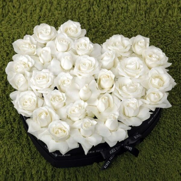 Perfect White Roses in Heart Shaped Box by Black Tulip Flowers