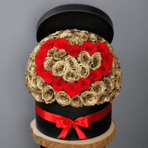 Red Heart and Golden Roses In A Box by Black Tulip Flowers