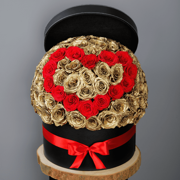 Red Heart and Golden Roses In A Box Red Heart and Gold Roses In A Box by Black Tulip Flowers