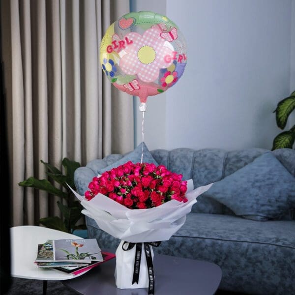Striking Pink with Baby Girl Balloon (1) Striking Pink with Baby Girl Balloon and Patchi by Black Tulip Flowers