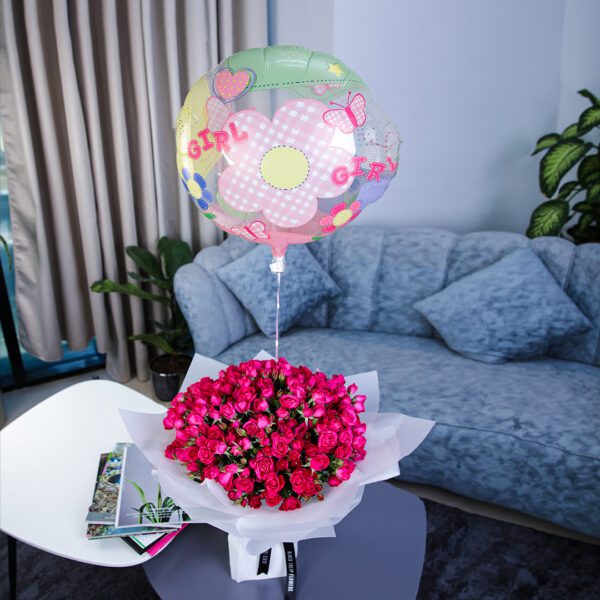 Striking Pink with Baby Girl Balloon by Black Tulip Flowers
