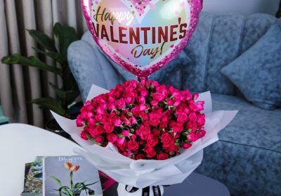Striking Pink with Happy Valentines Balloon by Black Tulip Flowers