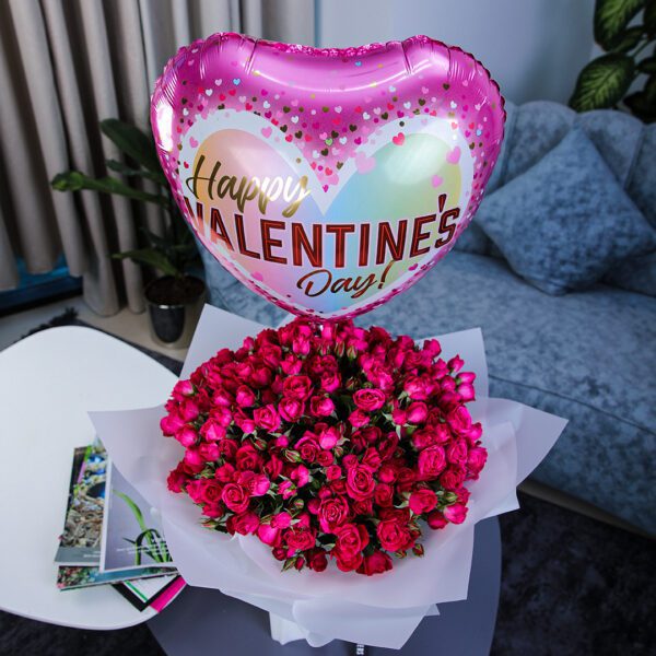 Striking Pink with Happy Valentines Balloon by Black Tulip Flowers