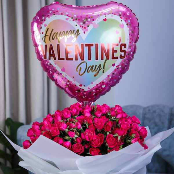 Striking Pink with Happy Valentines Balloon by Black Tulip Flowers