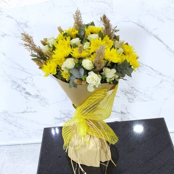 chrysantimum white spray roses dried flowers kraft paper wrapping bouquet black tulip flowers 001 Sunshine Chrysanthemum Bouquet