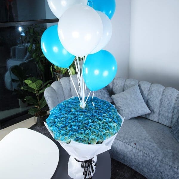 blue rose with balloons Luxurious Surprise Bouquet with Balloons by Black Tulip Flowers