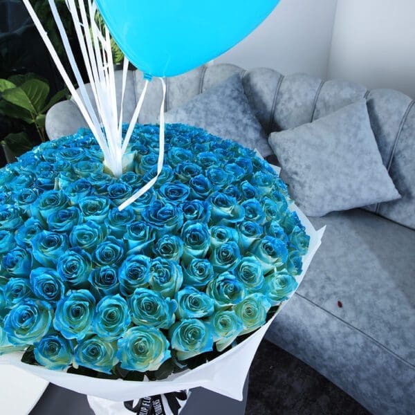 blue rose with balloons Luxurious Surprise Bouquet with Balloons by Black Tulip Flowers