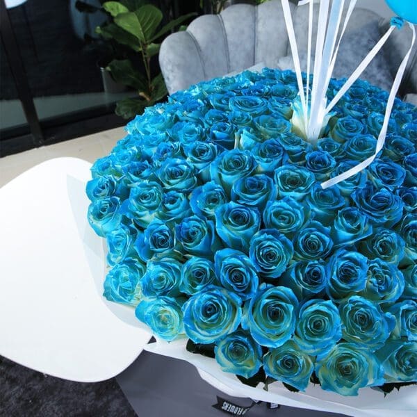 blue rose with balloons Luxurious Surprise Bouquet with Balloons by Black Tulip Flowers
