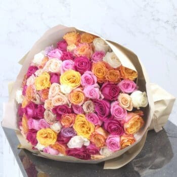 A vibrant bouquet of multicolored roses, perfect for any season and occasion, conveying heartfelt messages of joy.