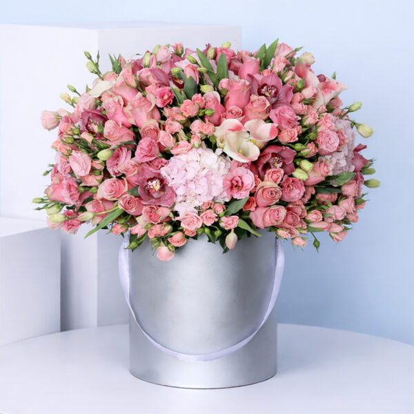 A flower box featuring 50 pink spray roses, 50 pink roses, 5 pink hydrangeas, 1 dark pink cymbidium, and 10 white calla lilies.