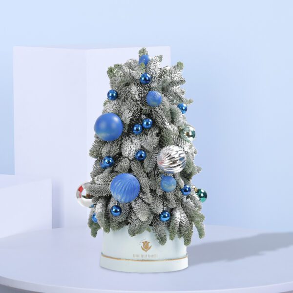 A small, frosted Christmas tree decorated with blue and silver ornaments. The tree is in a white pot and sits on a blue background.