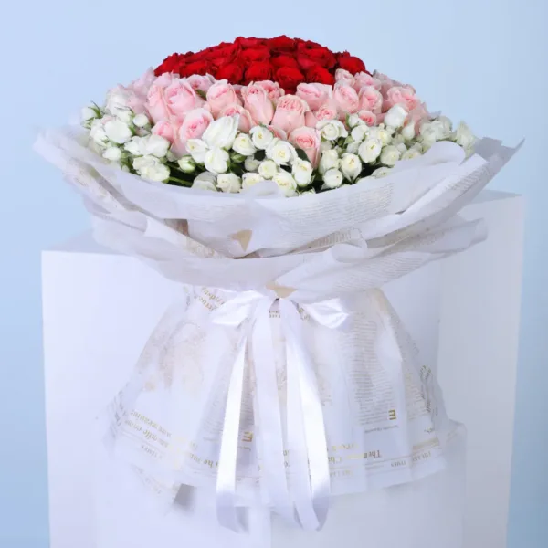 01-1-1080x1080 Red, Pink and White Roses Bouquet in heart shape