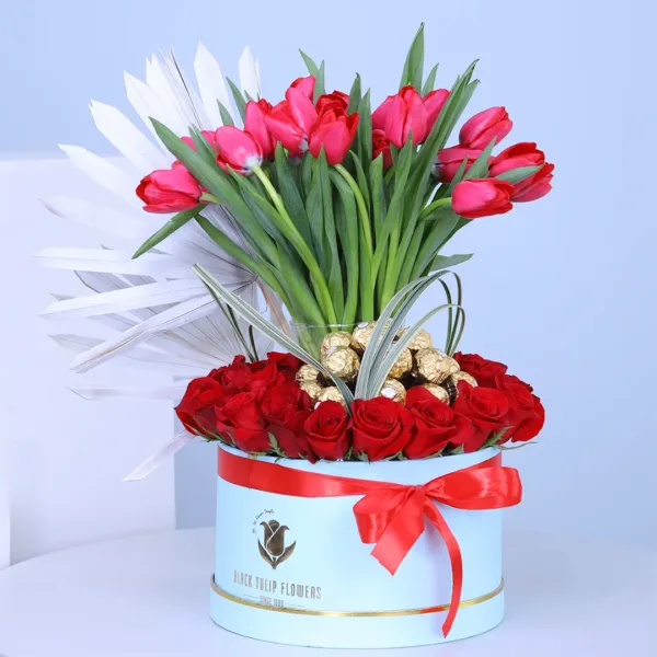 Red Tulip and Rose Shower in a Box Red Tulip and Rose Shower in a Box with chocolate