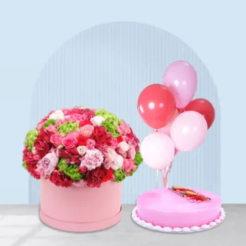 pink flowers with pink cake