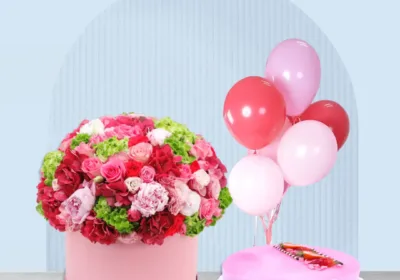 pink flowers with pink cake