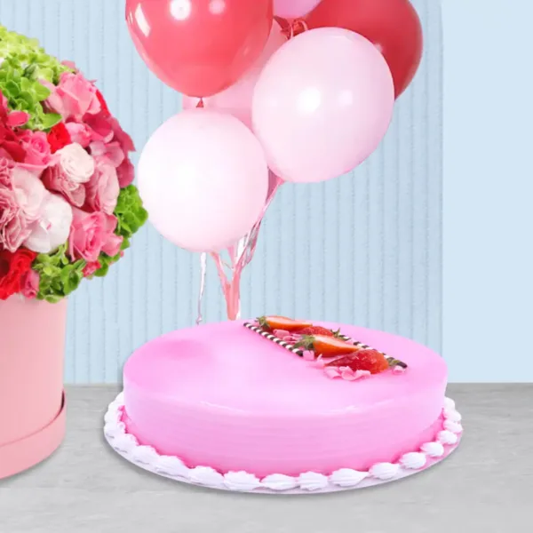 Send Flowers Bloom Basket with pink Cake