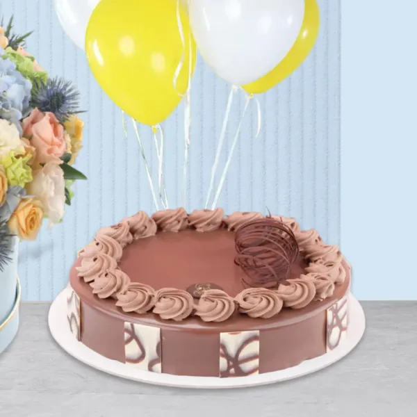 flowers in box with chocolate cake Pastel Harmony Posy Box with Cake